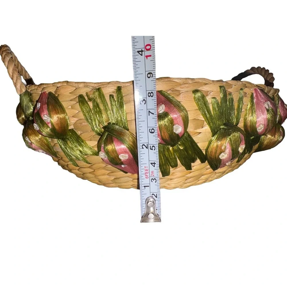 Vintage Woven Raffia Straw Round Casserole Basket With Fruit Accents Handles